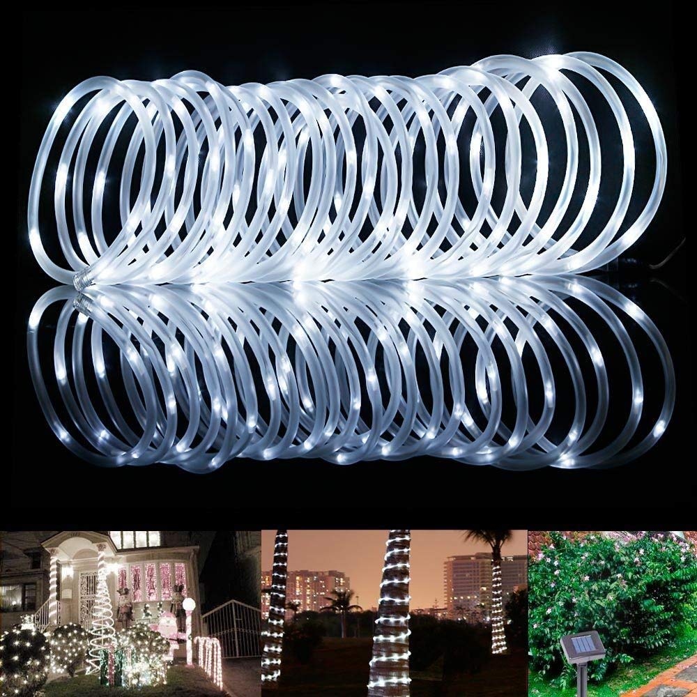 12M Solar Rope String Lights -Cool White 100 LEDS, Waterproof Outdoor Solar Strip Lights, Decorative Fairy Tube Lights for Garden, Decking, Patio, Porch, Caravan, Camping, Party, Halloween &Christmas