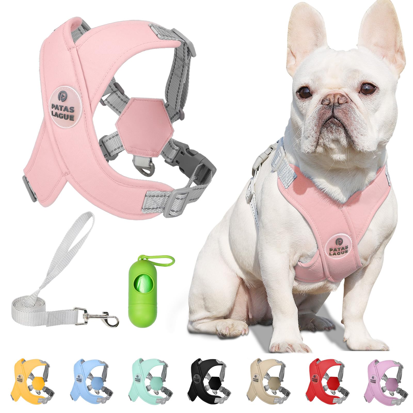 Photo 1 of Patas Lague Dog Harness with Leash Set Adjustable Soft Padded Step-in Dog Vest No Choke No Pull Reflective for Small Medium Pets with Poop Bags and Dispenser, Solid and No-chew, Pink S