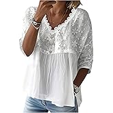 SOLY HUX Women's Floral Embroidery Babydoll Tops V Neck 3/4 Sleeve Peplum Casual Boho Loose Fit Blouse