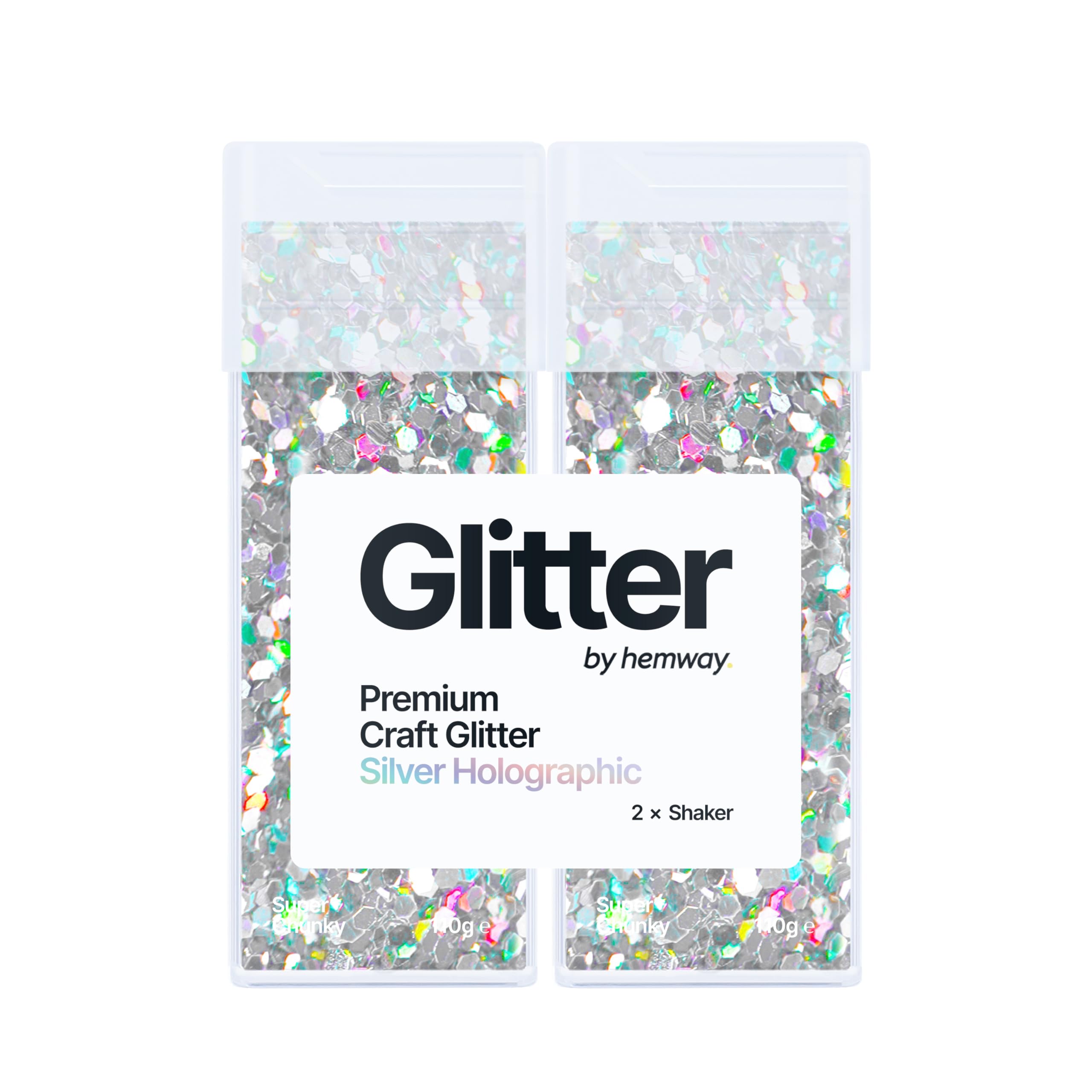 Hemway Glitter Shaker Silver Holographic 110g x2 Pack Super Chunky, Craft Glitter Shakers for Resin & Epoxy Crafts, Christmas Art Supplies, Nail, Body, Face, Eye, Festival, Crafting, Slime, Sparkle