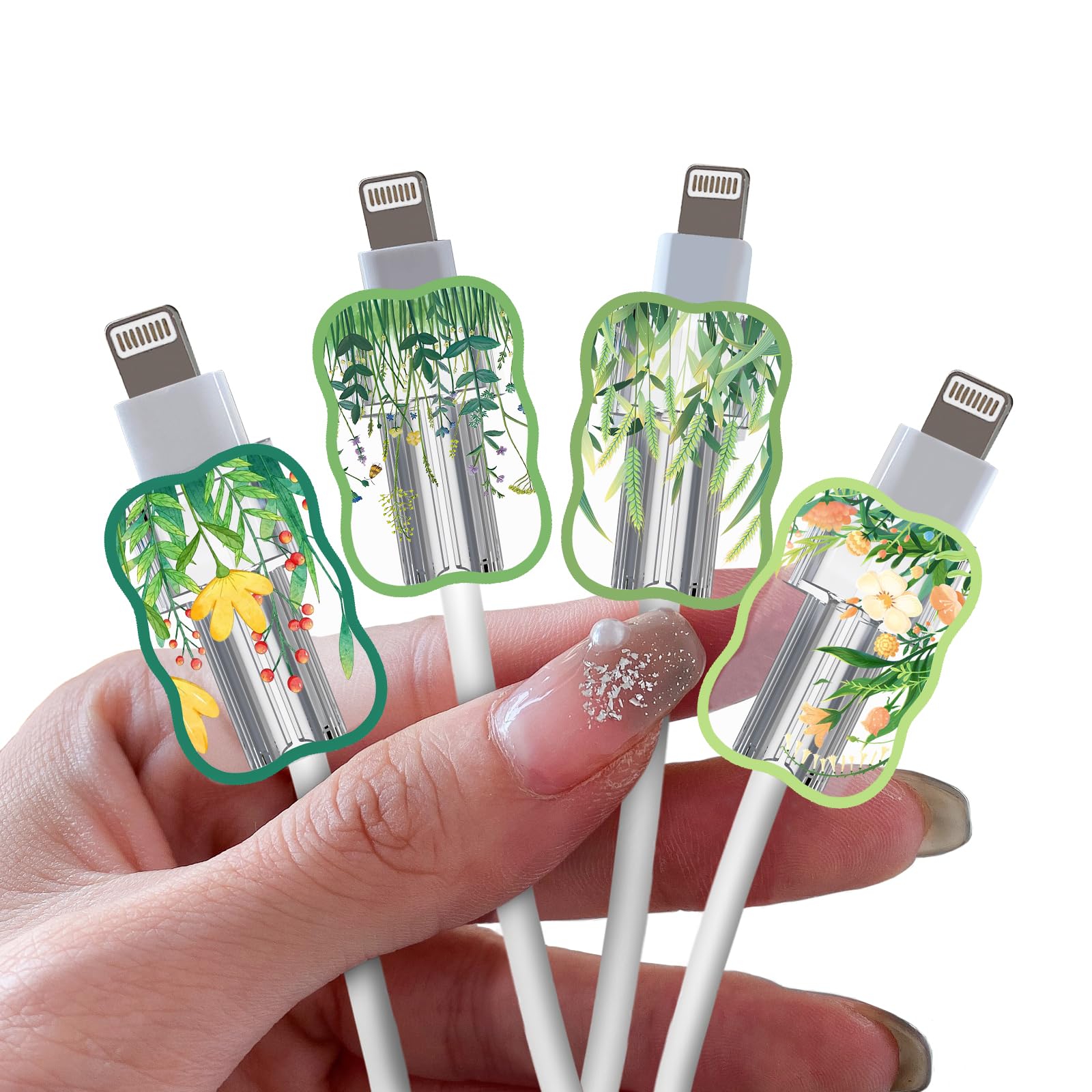 Cute Wave Cable Charger Protector for iPhone Type-c,Green Grass Wild Flower Pattern 4 PCS Set Cable Phone Protector for Women Girls,Charging Cord Protector,Cable Chomper,Cord Saver