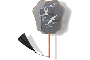 YUELAI Chinese Fan Embroidery Hand Circular Fan, China Ancient Dance Translucent Silk Round Fan（Black Flying Crane）