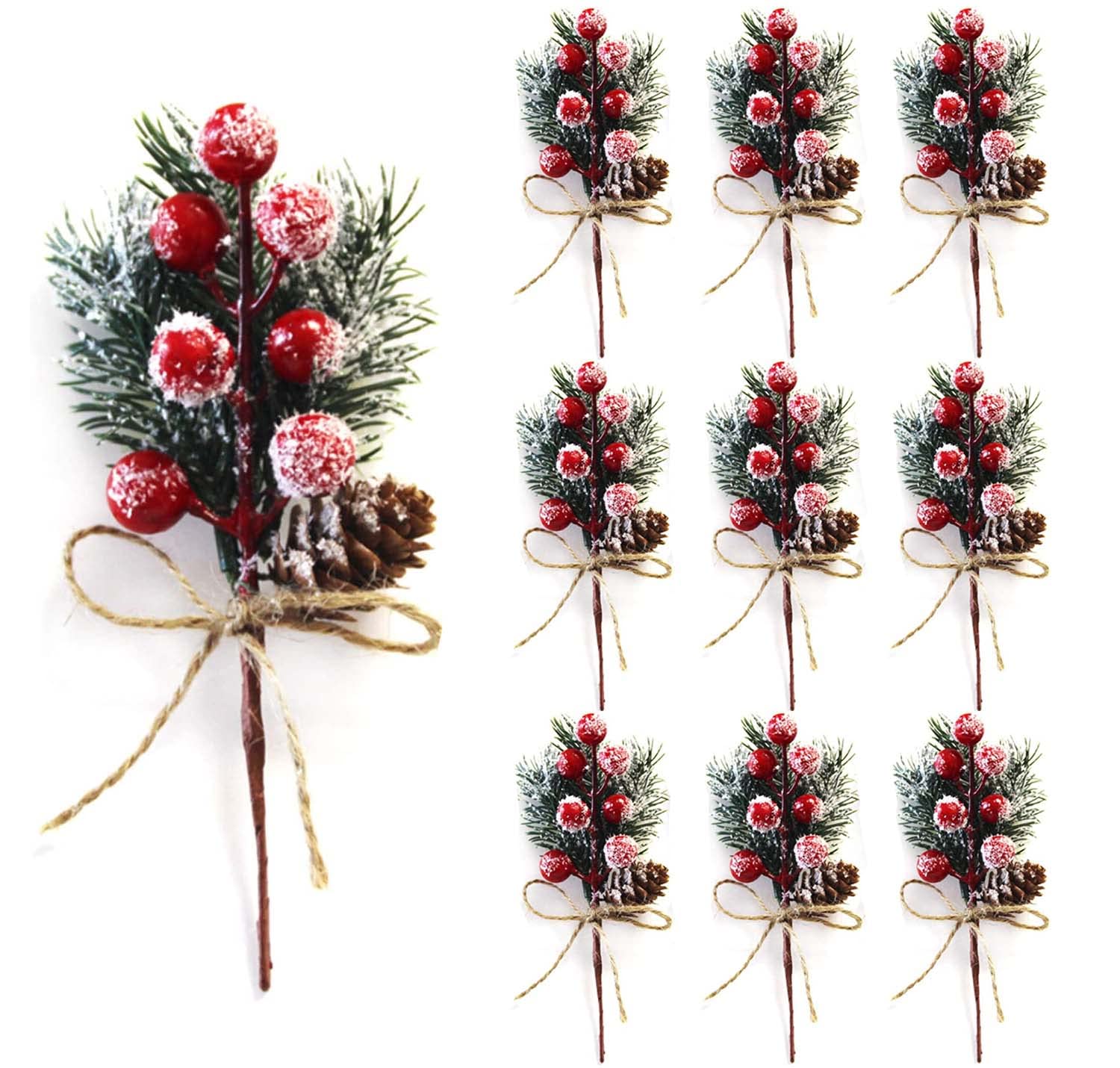 Feizeisun 10Pcs Red Christmas Berries Stems, 7.8 inch Snow Covered Artificial Pine Picks and Sprays Xmas Berry Picks with Pine Cones for Christmas Tree Decorations, DIY Wreath Garland Gift Wrapping