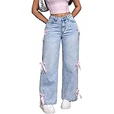 Fulihug Women Wide Leg Baggy Jeans High Waisted Bowknot Embroidery Denim Pants Straight Leg Boyfriend Trendy Streetwear