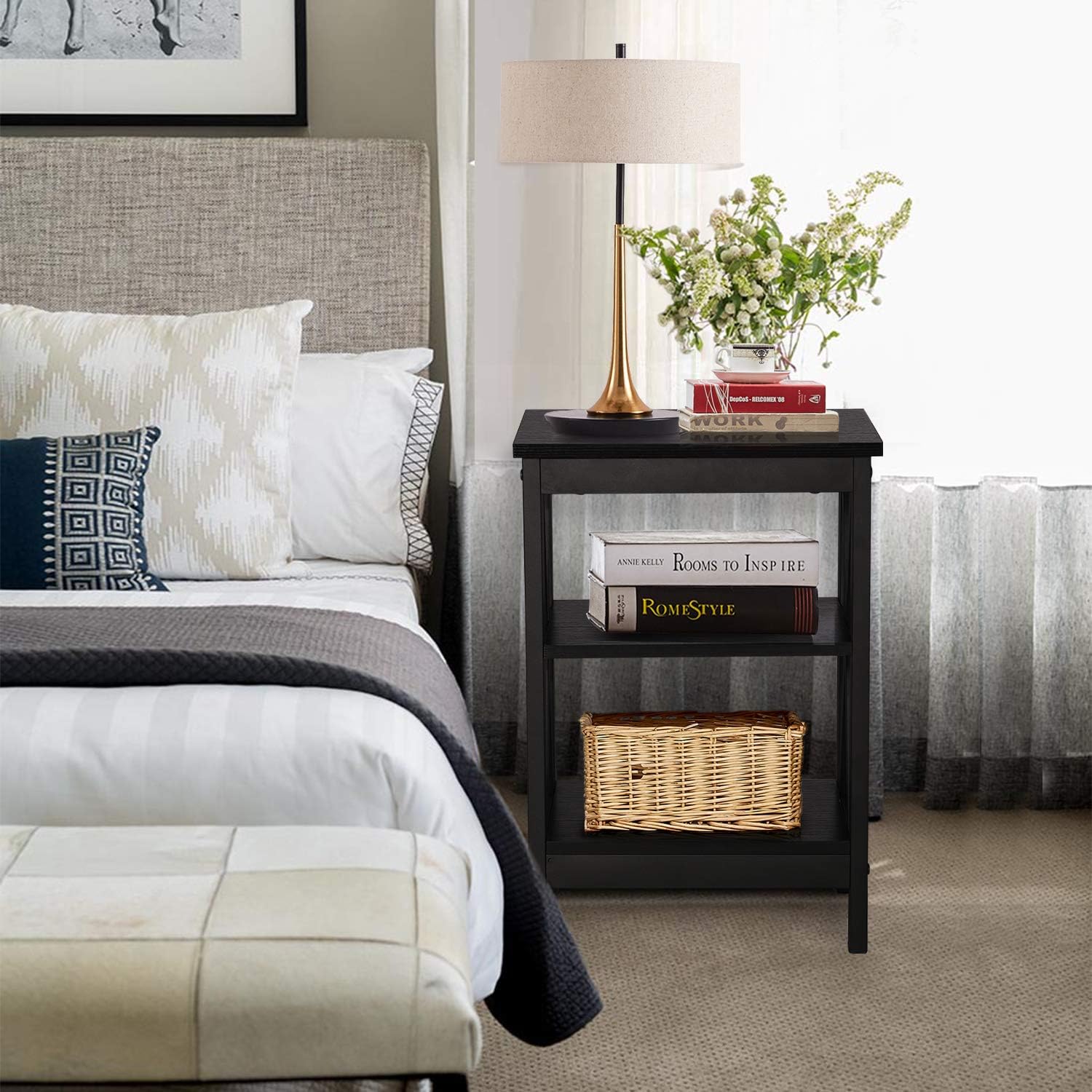 VECELO Sofa Side/End Storage Shelf X-Design Versatile Nightstands Lamp Table Living Room Bedroom Furniture,Easy Assembly, Black: Home & Kitchen