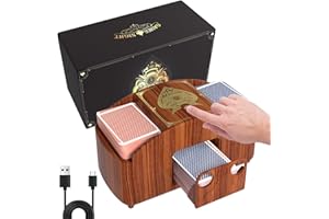 HJCMikee 1-2 Deck Automatic Card Shuffler, Retro Casino Poker Playing Cards Electric Shuffle Machine for UNO Skip bo Blackjack Canasta Game, Battery Operated Or USB-C Powered (Walnut Wood Grain)