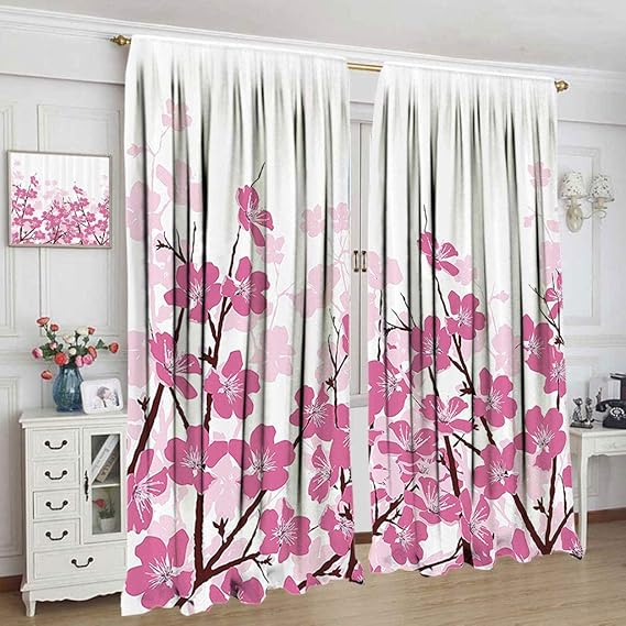 Floral Decor Curtains, Japanese Cherry Blossoms Sakura with