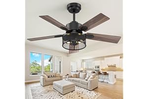 Vaczon Farmhouse Ceiling Fans with Lights and Remote, 42 Inch Black Caged Ceiling Fan, Indoor/Outdoor Ceiling Fan with Dual-Color Blade Warm White Lighting for Bedroom, Patio, Kitchen, Living Room