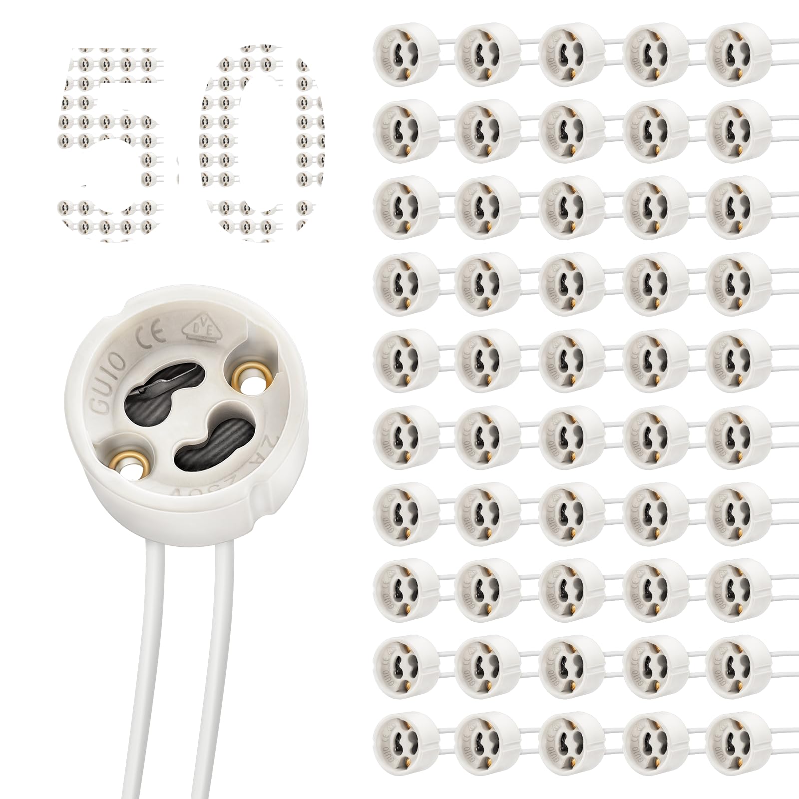 DiCUNO GU10 Lamp Holder 0.75mm² Silicon Wire GU10 Connector Ceramic Base for LED and Halogen,250V,Max 300W,50-Pack