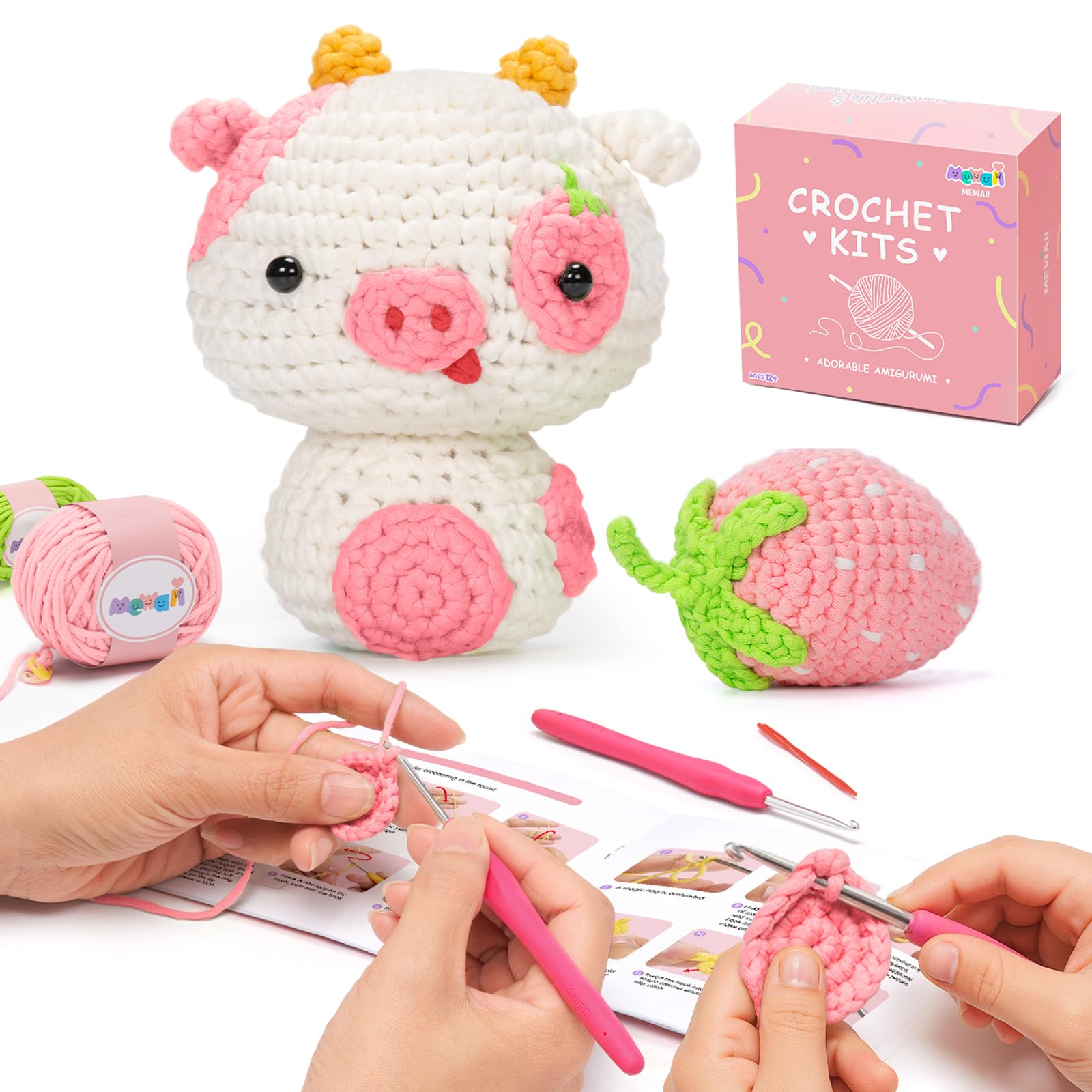 Mewaii Crochet Kit for Beginners Level 3 with 40% Extra Pre-Started Easy Yarn, Step-by-Step Video Tutorials for Adults and Kids (Strawberry Cow)