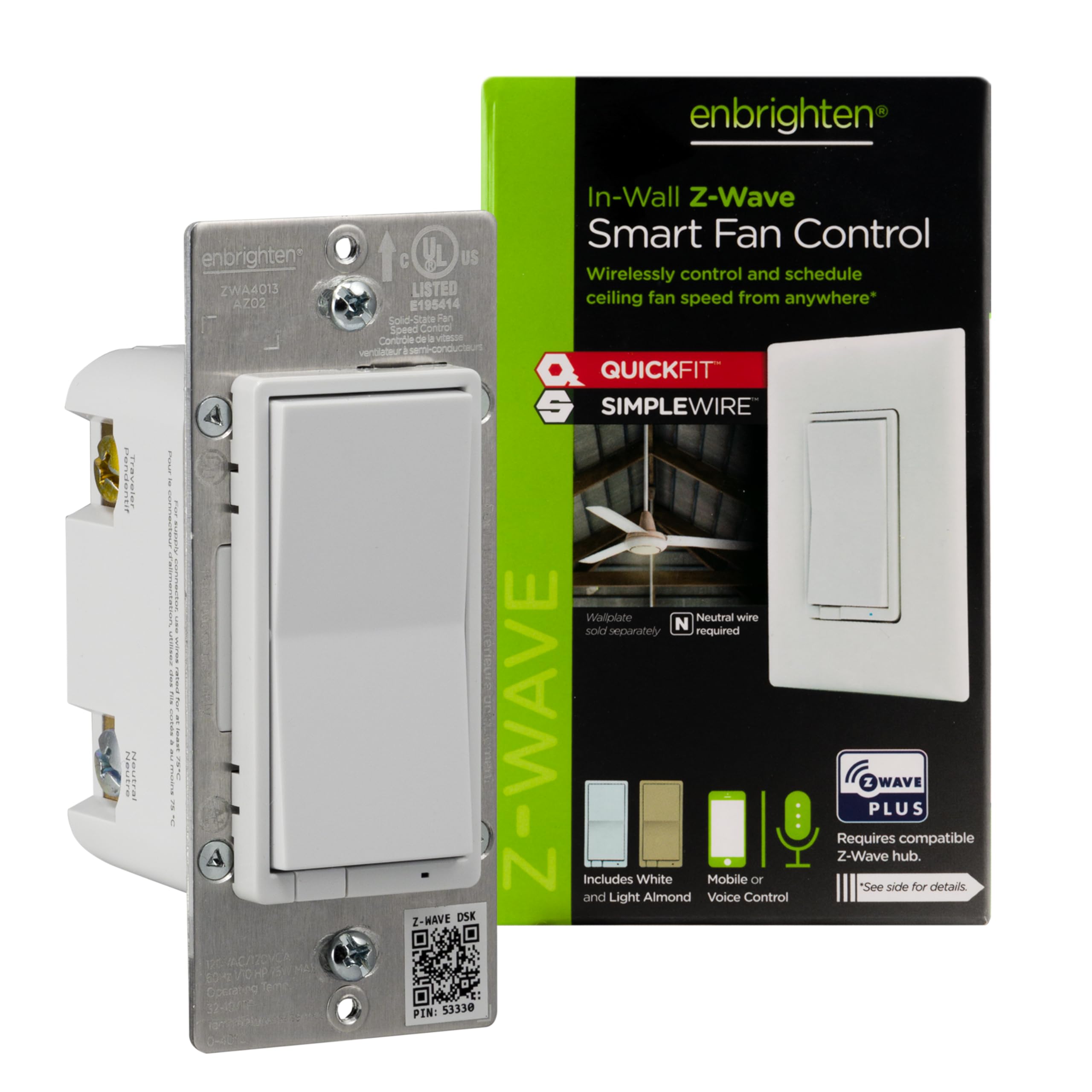Photo 1 of Enbrighten 58446 Z-Wave Plus v2 in-Wall Smart Fan Control, Paddle, 700 Series