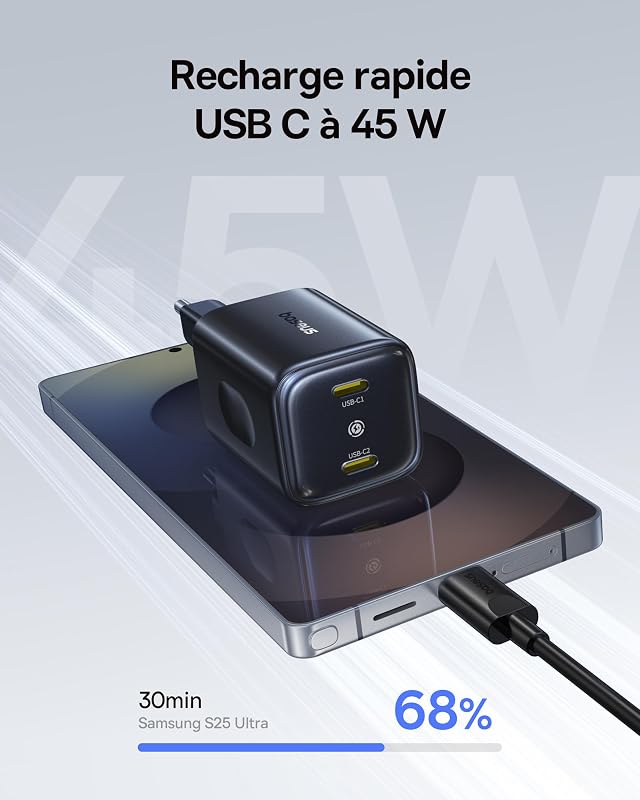 PicoGo II Chargeur USB C 45W, Adaptateur Secteur USB C à 2 Ports, Charge Rapide PD 3.0 PPS Compatible avec iPhone 17/17 Pro Max/16-12, Galaxy S25 Ultra, Pixel, iPad Pro/Air, Steam Deck