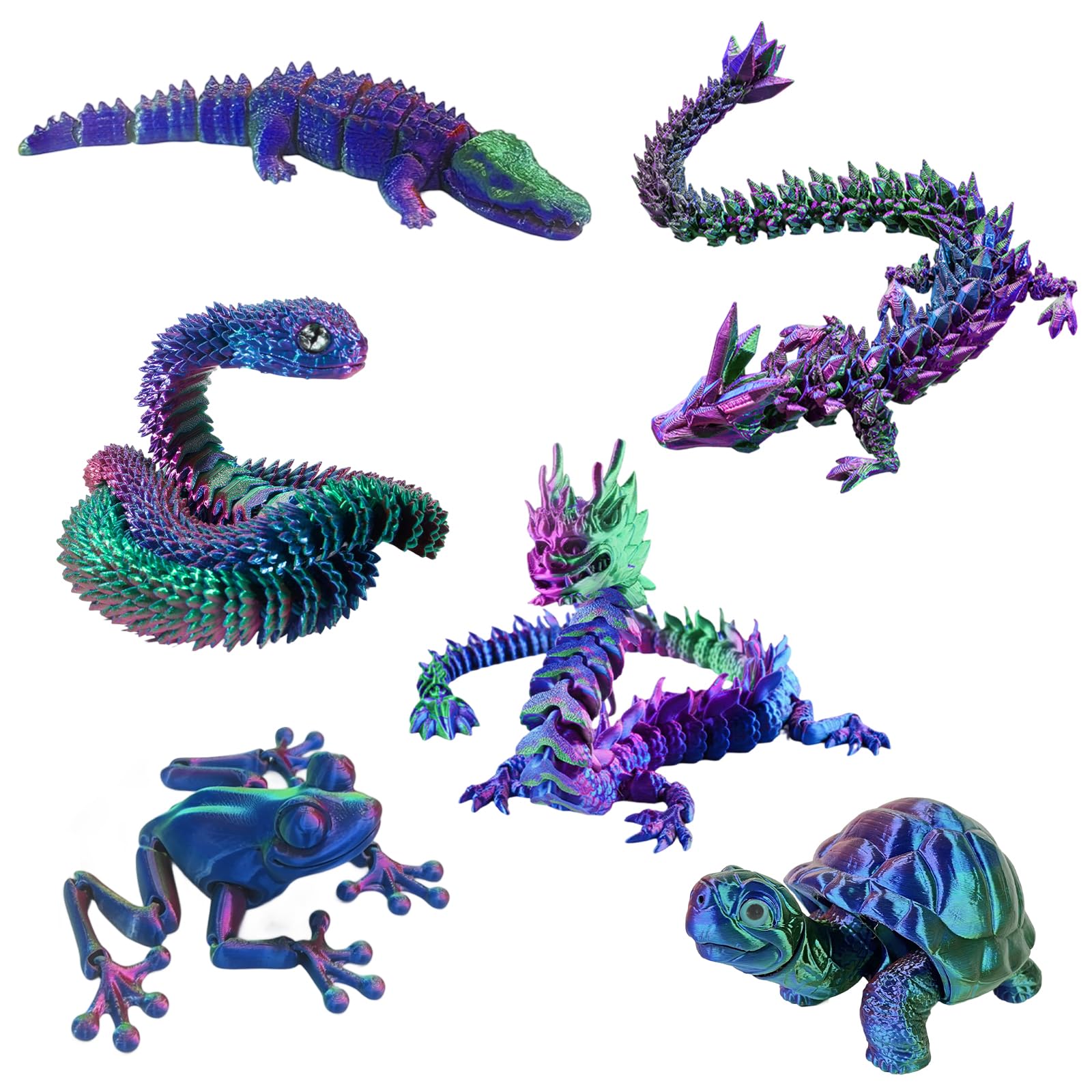 Kenmohuo 6PCS 3D Printed Animals, Joint Articulated 3D Printed Fidget Toys Animal Collectable for Adult Home and Office Decoration Gift (Blue Green Purple)