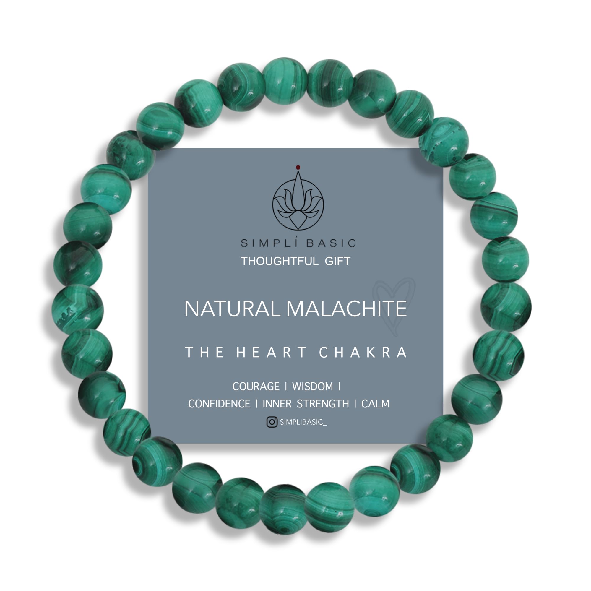 SIMPLÍ BASIC Natural Malachite Green Healing Gemstone Bracelet 6mm Bead | Womens & Mens | Success | Positive Energy | Wisdom | Inc Gift Box