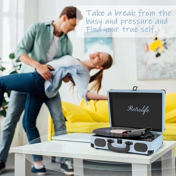PORTABLE SUITCASE RECORD PLAYER, 3-SPEED BELT-DRIVEN VINYL TURNTABLE WITH BLUETOOTH, BUILT-IN SPEAKERS, RCA LINE OUT, AUX, HEADPHONE JACK, VINTAGE HAZE BLUE