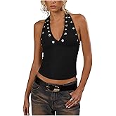 RoseSeek Women's Button Decor Sleeveless Crop Halter Top Y2K Open Back Ribbed Knit Going Out Tops