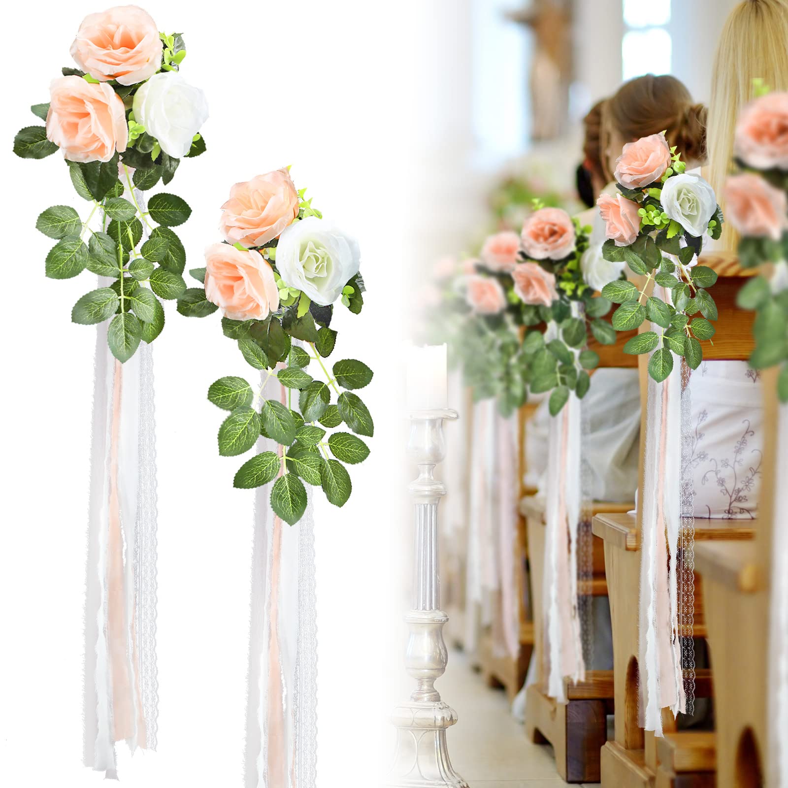 Photo 1 of Giegxin 16 Pcs Wedding Aisle Decorations Pew Flower for Wedding Ceremony Aisle Chair Artificial Rose Chair Back Floral Decoration with Eucalyptus and Ribbons for Ceremony Church Party