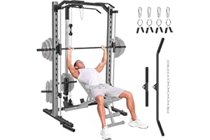 OPPSDECOR Smith Machine with LAT-Pull Down, Multi-Functional Smith Machine, Power Cage with Cable Crossover, Squat Rack with Landmine, Barbell Bar, Plate Storage Pegs and More Training Attachment