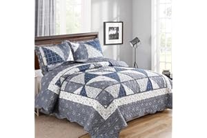 VIVILINEN Patchwork Quilt Set King Size Quilted Bedspread Coverlet Set 3-Piece Grey Lightweight Comforter Floral Reversible Stitched Quilt Bedding Set Bed Cover Blanket with 2 Pillow Shams for All Season