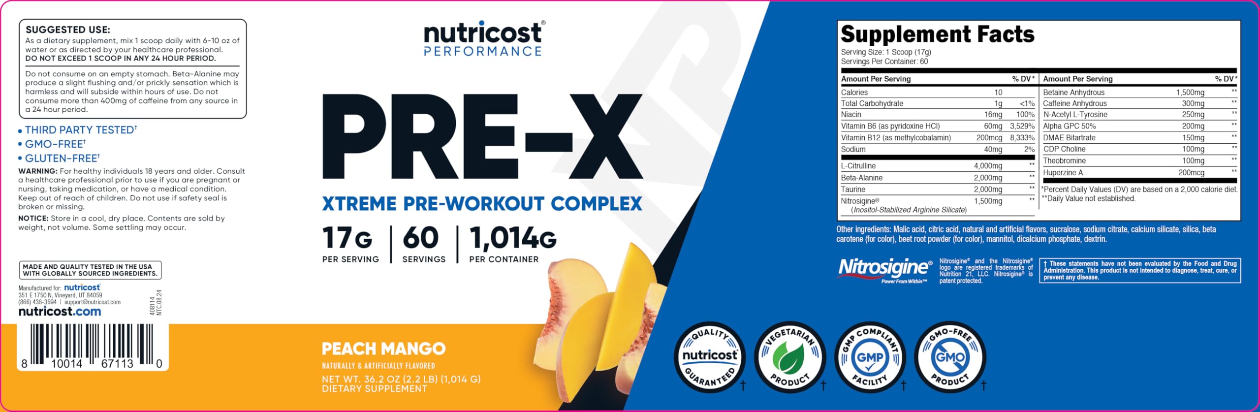 Nutricost Pre-X Xtreme PreWorkout Powder Complex, Peach Mango, 60 Servings, Vegetarian, Non-GMO and Gluten Free