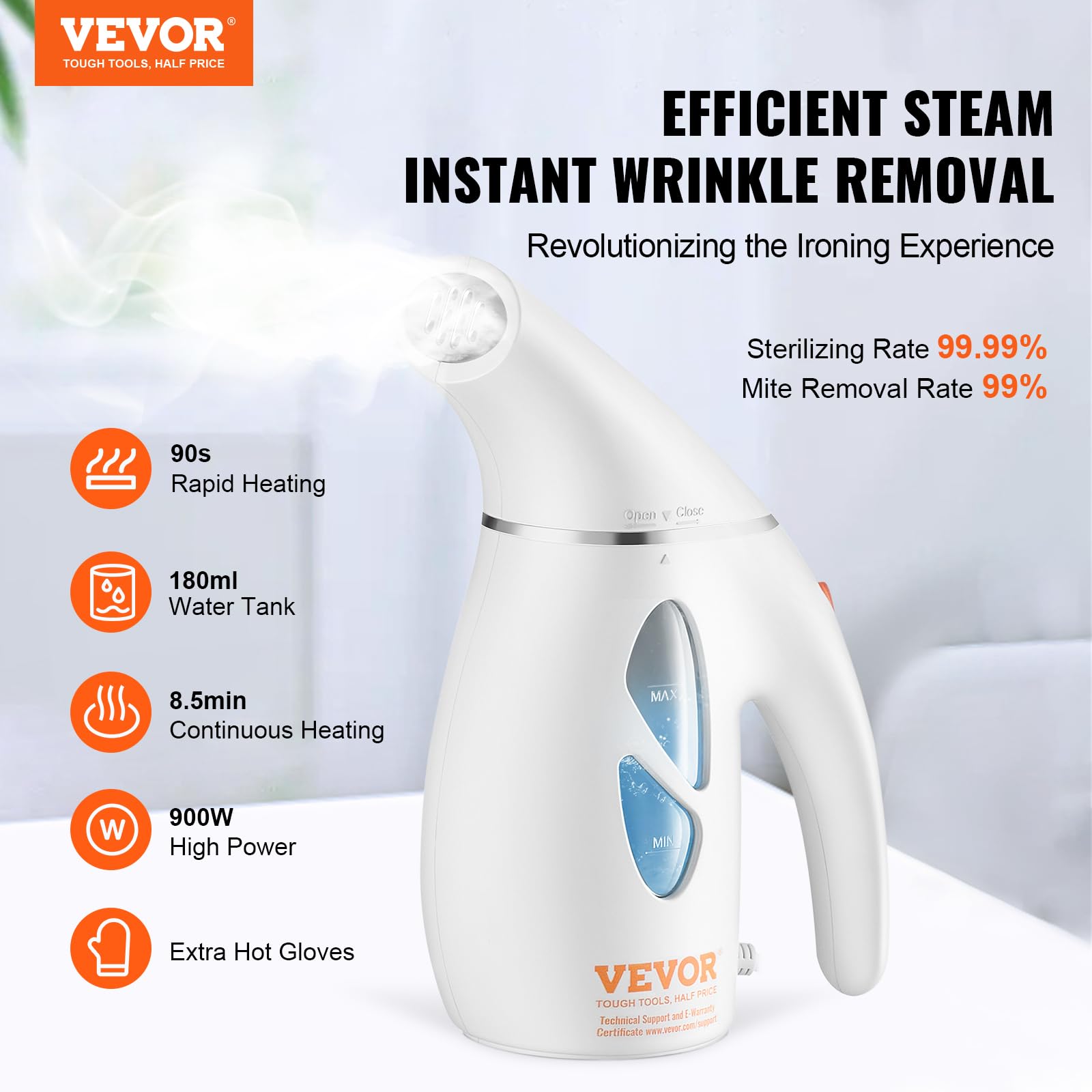 VEVOR Portable Handheld Fabric Steamer, 900W Quick Heat Steamer for Clothes, Wrinkle Remover Clothing Iron Intelligent Controller & Auto-Off & Large Detachable Water Tank, With Gloves, 240ml