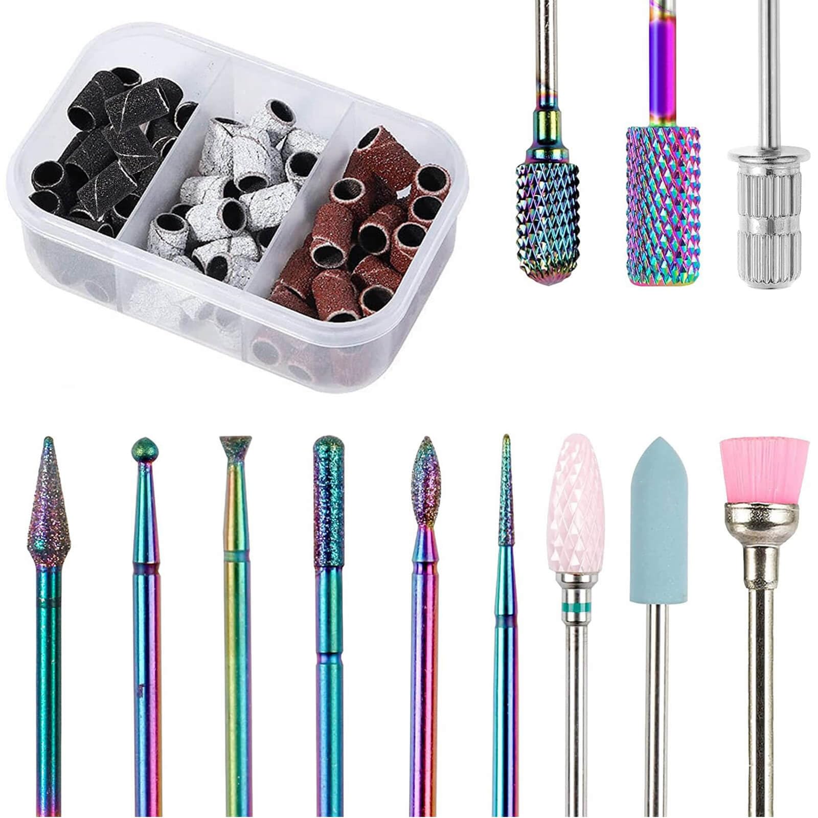 Nail Drill Bits, 12Pcs 3/32 inch Tungsten Carbide Drill Bit Set, Cuticle Bit for Nail Dril with 75Pcs File Sanding Bands (#80#120#180 Grits), Professional Drill Bits for Nails