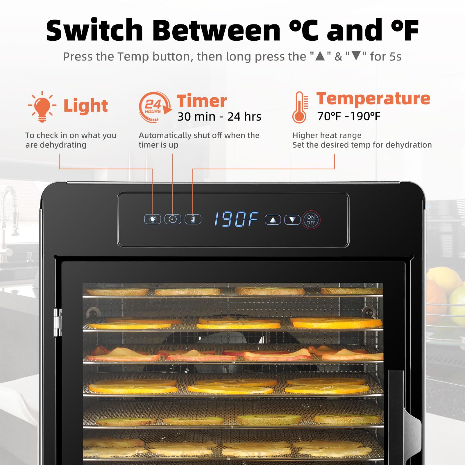 Septree 800W Food Dehydrator | Large 10 Stainless Steel Trays | Digital Adjustable 190°F Temperature& 24H Timer, Versatile Drying Machine for Jerky Herbs Fruit Mushrooms Yogurt, Built-in Light
