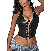WDIRARA Women's Punk PU Leather Halter Top Grommet Eyelet Tie Front Corset Crop Top