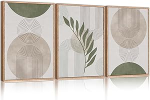 HPINUB Sage Green Boho Framed Canvas Wall Art Set, Minimalist Beige Green Botanical Wall Decor, Abstract Geometric Line Leaf 