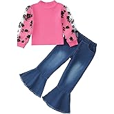 Kucnuzki Toddler Girl Clothes Cute Kids Clothes Long Sleeve Shirts Top Bell Bottom Denim Jeans Pants 2 Piece Matching Outfits