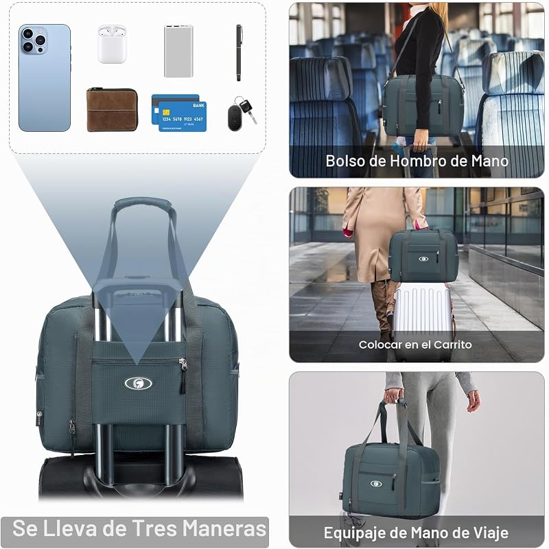 Bolsa de Viaje 40x30x20 Plegable Para Vueling Wizzair - Maleta de Mano Impermeable de Hombro, Deportiva y Fines de Semana 25L Gris