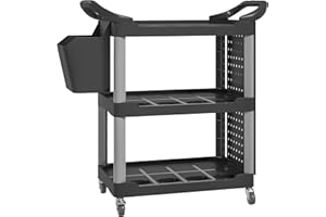 HOMCOM 3 Tier Utility Cart on Wheels, Rolling Tool Storage with Pegboards and Bucket, 200 LBS Load Capacity Plastic Service Cart for Garage, Warehouse, Workshop, Black and Light Gray