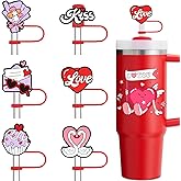 Amreich Valentines Day Straw Toppers - 6PCs Silicone Straw Cover for Stanley Cup Accessories 0.4in Pink Romantic Accessories for Women & Girls