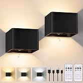 Rechargeable Motion Sensor Wall Lights, Black Battery Operated Wall Sconces | Touch&amp;Remote Control, 3Colors &amp; Dimmable, Magnetic, Large 6000mAh, 2 Pack Wireless Wall Lamp for Bedroom Living Room