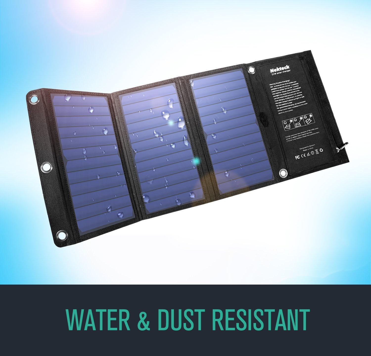 Nekteck 21W Portable Solar Panel Charger, Waterproof Camping Gear Solar Powered Charger with 2 USB Port for iPhone X/8 Plus, Samsung Galaxy s9/s8,iPad, Tablet and Any USB Devices