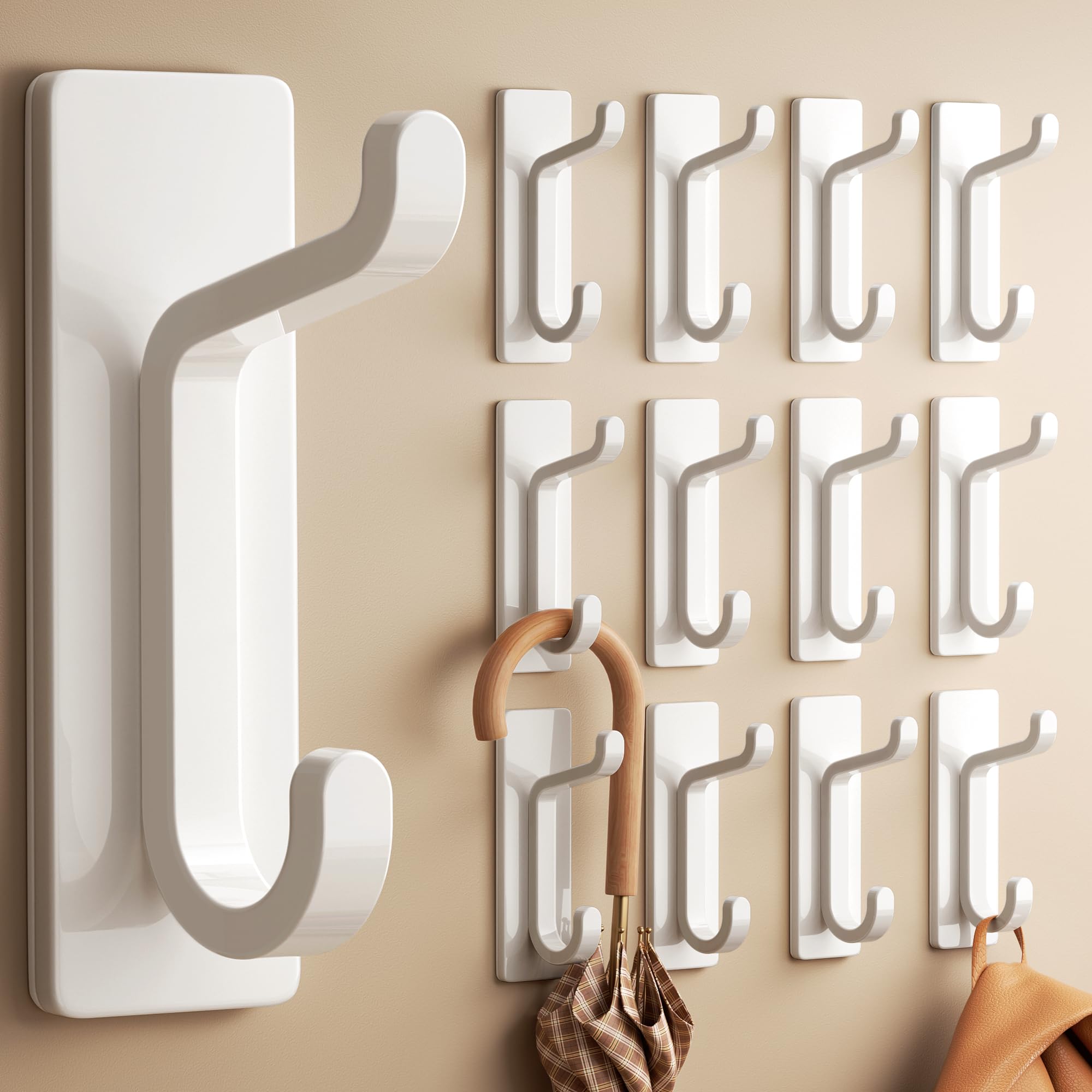 pickpiff 12-Pack Stick on Hooks for Hanging - Extra Sticky 6KG (Max), Metal Stainless Coat Hook on Door for Towel Coat Hat Key, Heavy Duty, Wall Mounted, White
