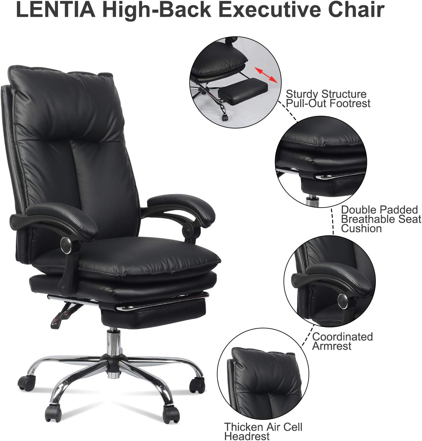 LENTIA Ergonomic Executive Office Chair with Sturdy Retractable Footrest and Thick Seat Cushion, Adjustable Angle Reclining Swivel High-back Computer Chair for Office and Home (Black)
