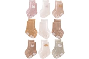 J Poqobog Baby Crew Socks,Grips Combed Cotton Socks Toddler Non-Skid for Girls,Boys Non Slip/Anti Skid 9-Pack