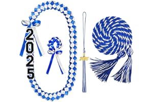 ATCCPYDM Graduation Ribbon Lei Class of 2025 Handmade Braided Necklace Honor Cord with Tassel Grad Lei Kit for Graduate Women Men High School College Grad Party Supplies(Blue+White)