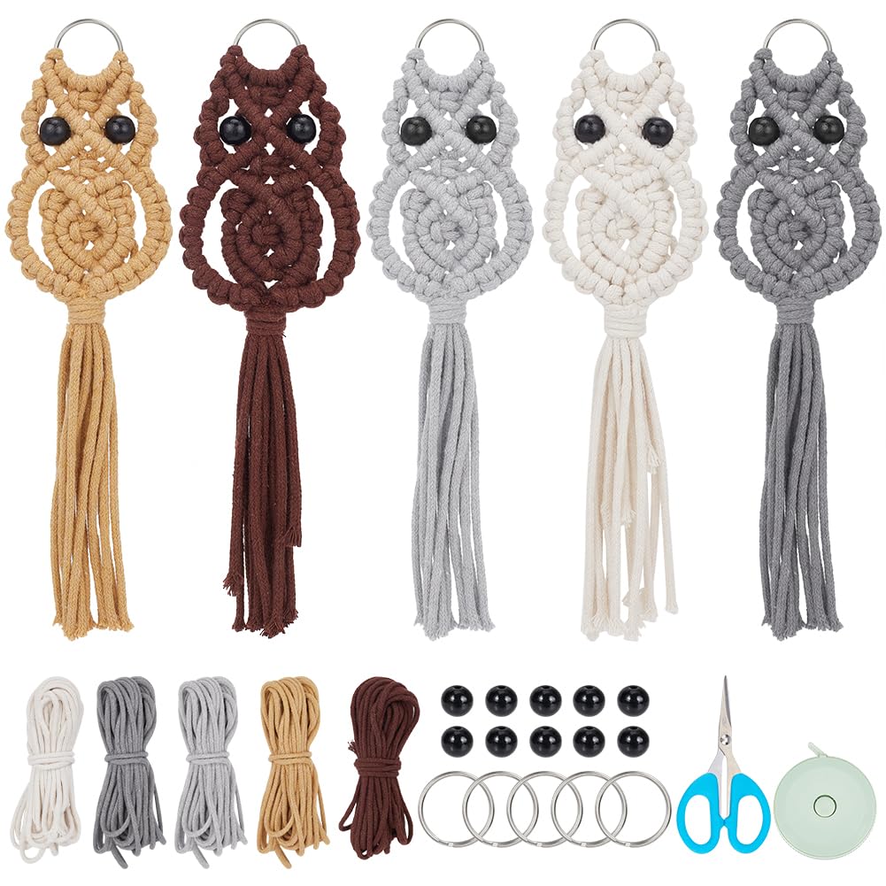 FREEBLOSS 5 Set DIY Macrame Owl Keychain Kits Owl Macrame Kit Macrame Keychain with Video Tutorial Macrame Kits for Beginners Boho Macrame Keychain Kit for Car Key Purse Phone Wallet Charm