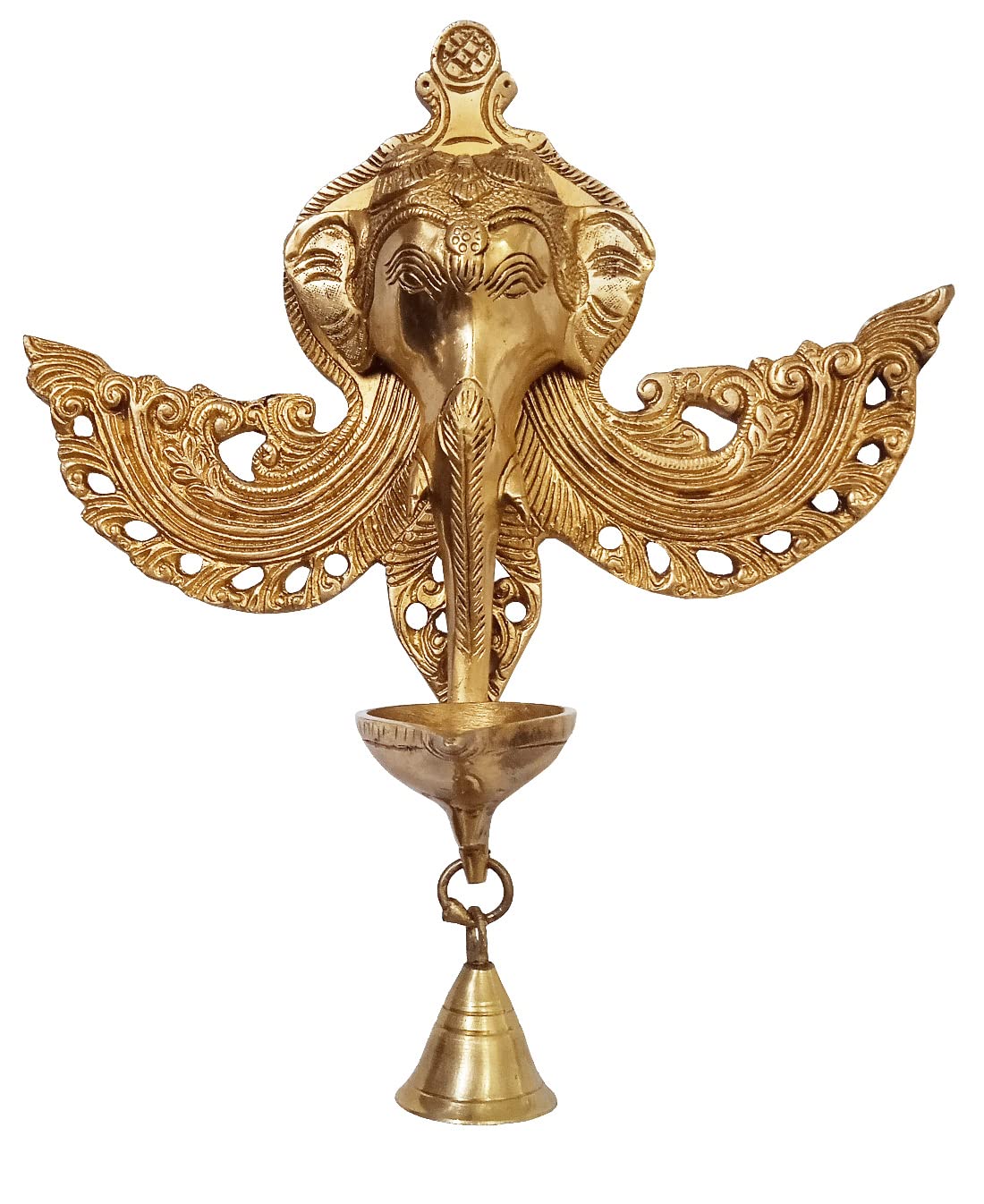 Purpledip Brass Wall Hanging Idol Rudra Ganesha with Deepak Lamp & Hanging Bell: Vintage Collectible Decorative Statue (10962)