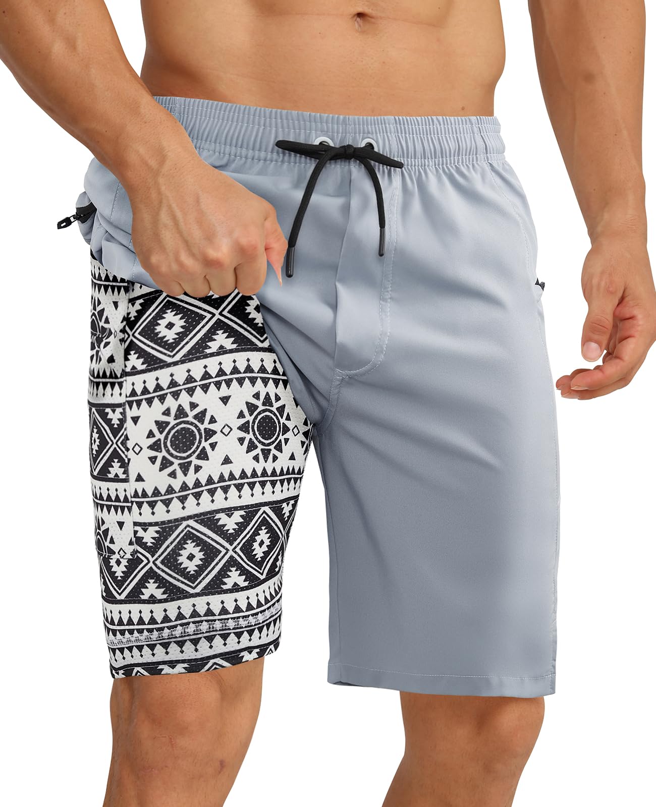 Photo 1 of APTRO 2 in 1 Men's Swim Trunks 9" with Zipper Pockets Bathing Suit Built-in Board Shorts Swimwear Long Shorts Light Gray 1X
