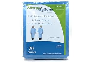 ALLERGY BE GONE Reusable Isolation Gowns - Fluid Resistant Polyester Non-Disposable Gowns for Medical Facilities - Protective Washable PPE Gowns for Dental, Testing Lab, Hospital Use - One Size Unisex - Blue 20-Pack