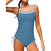 BAVADER Girls Swimsuit One Piece Modest Girls Bathing Suit Solid Square Neck Ruched Adjustable Straps Padded Swimwear 9-16y
