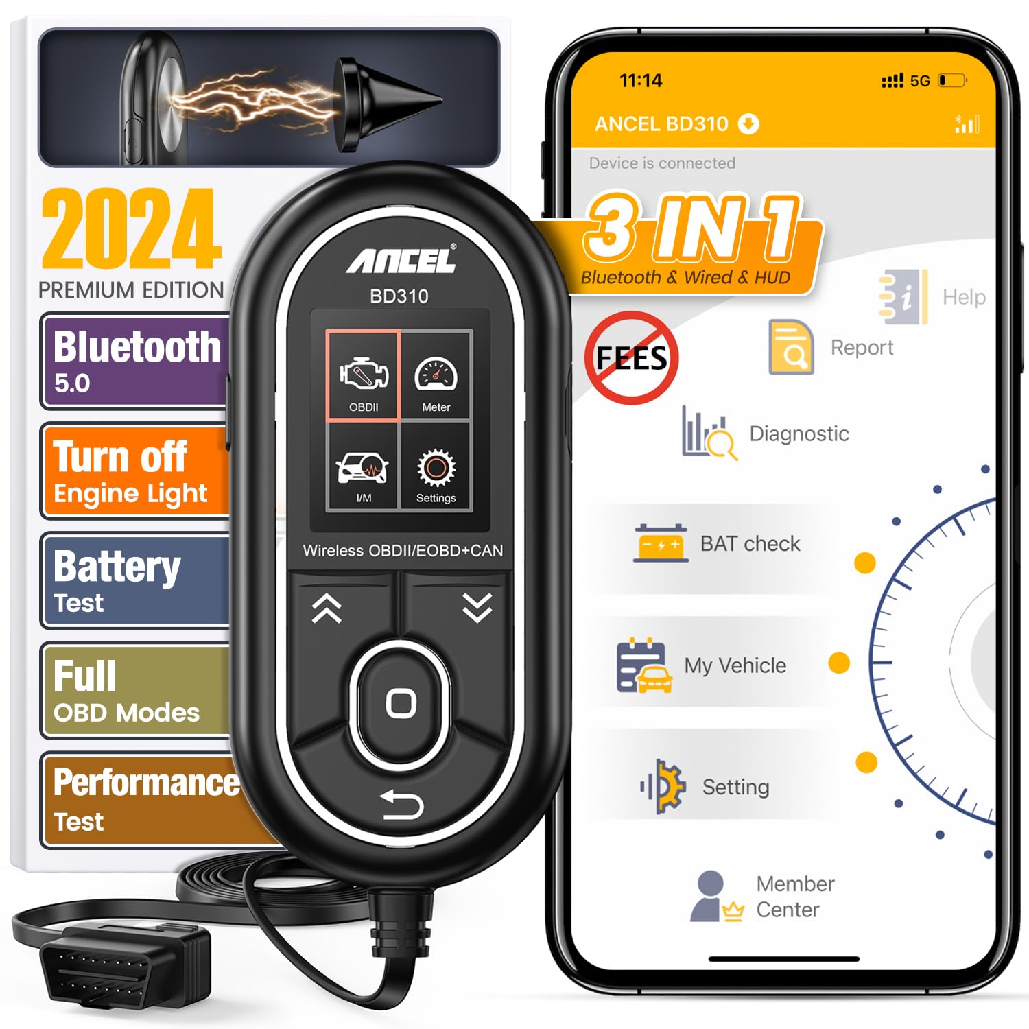 ANCEL BD310 OBD2 Scanner Diagnostic Tool - 3 in 1 OBD2 Scanner Bluetooth - App Based OBDII Scan Tool for Android & iPhone - Check Engine Light Code Reader - Wired, Bluetooth, and Heads-up Display