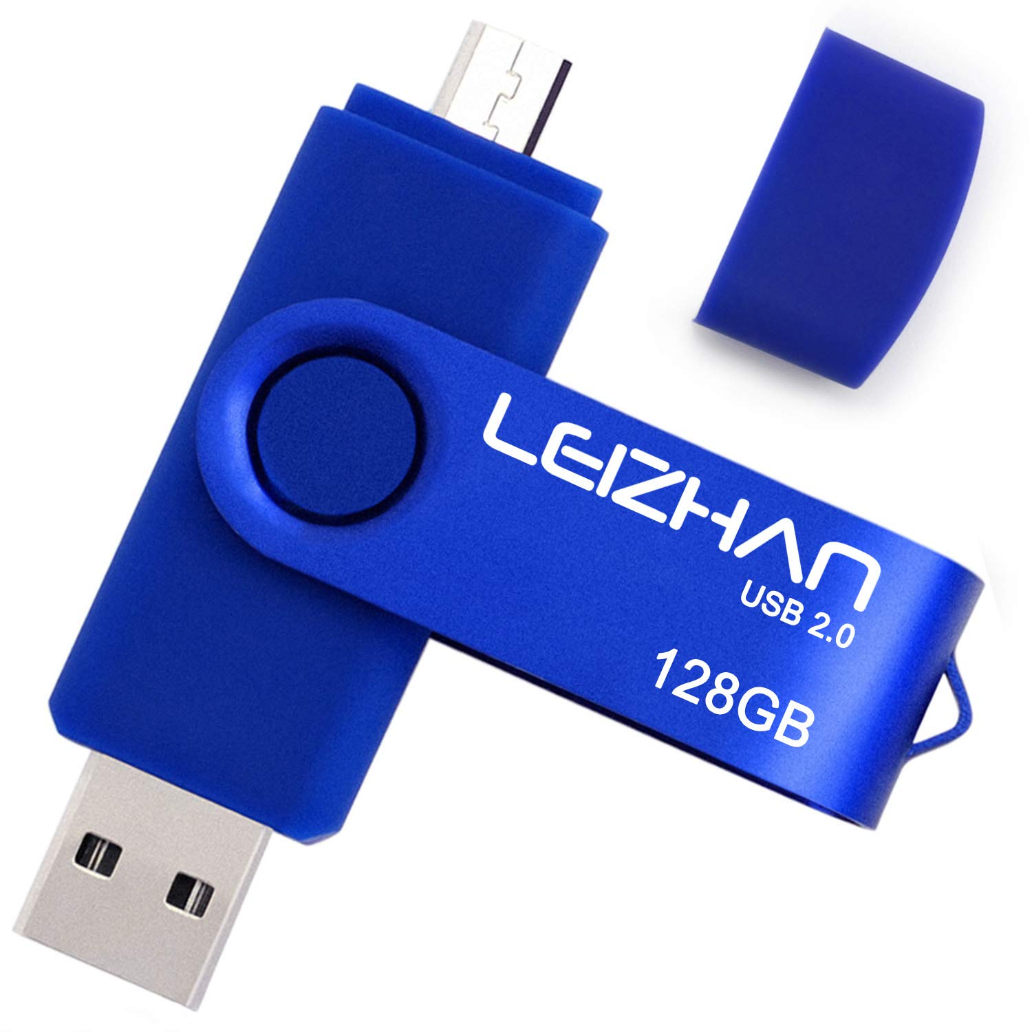 LEIZHAN 128GB Memory Stick USB Dual Port(USB 2.0 & Micro USB) Rotabable Pen Drive 2 in 1 USB flash Drive for Android Smartphones & Tablets & Laptops PC Blue