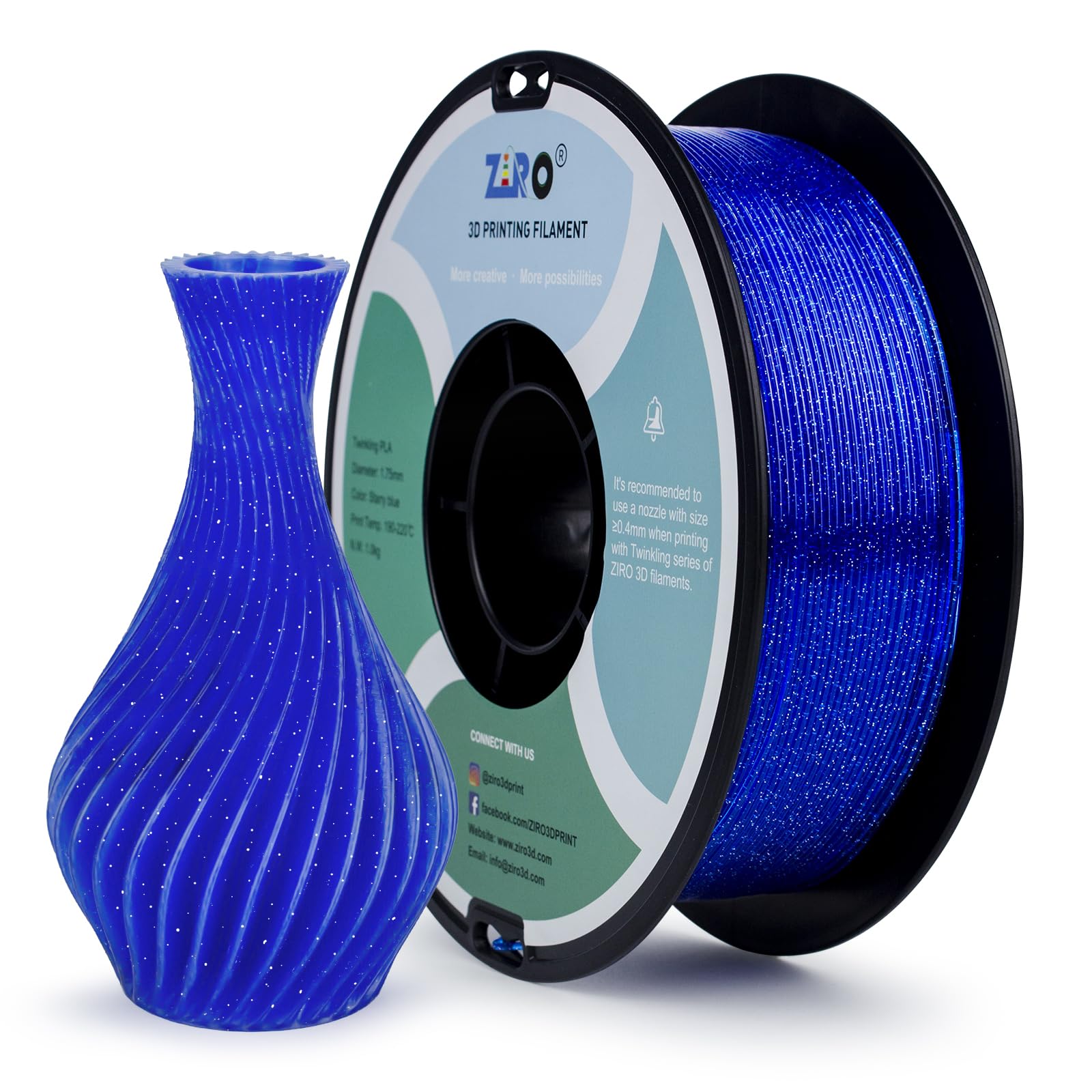 ZIRO PLA Glitter Filament 1.75mm 3D Printer Filament PLA 1.75mm Twinkling Color Series 1kg (2.2lbs), Dimensional Accuracy +/- 0.03mm, Twinkling Blue