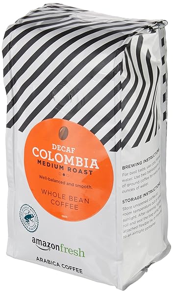 AMAZON FRESH DECAF COLOMBIA WHOLE BEAN COFFEE, MEDIUM ROAST, 12 OUNCE