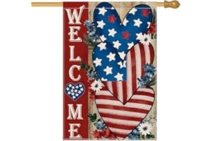 AVOIN colorlife 4th of July Love Heart House Flag 28x40 Inch Double Sided Outside, Welcome Independence Day Patriotic Stars and Stripes Yard Outdoor Decoration