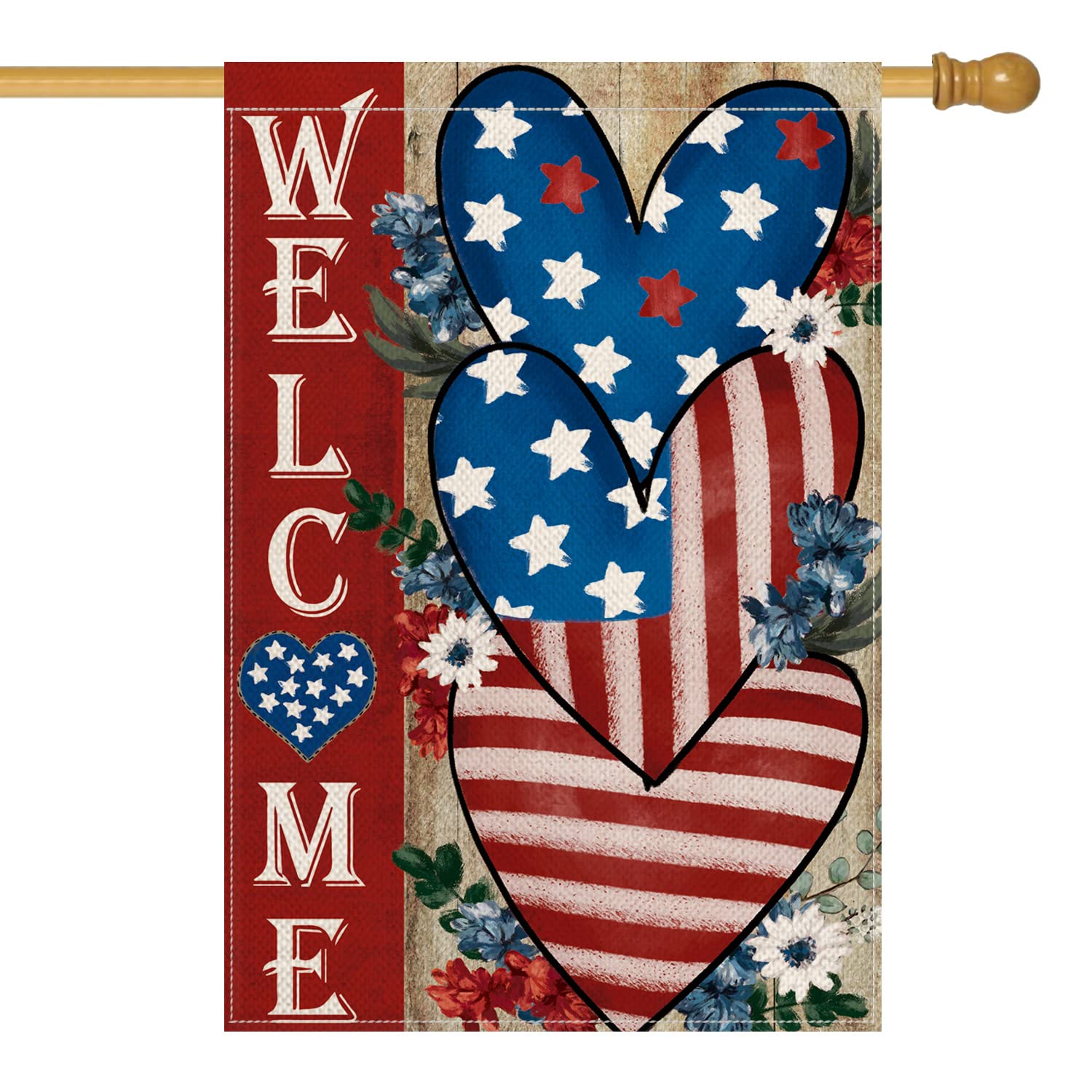 Photo 1 of (USED/FAIR) AVOIN colorlife 4th of July Love Heart House Flag  Inch Double Sided Outside, Welcome Independence Day Patriotic Stars and Stripes Yard Outdoor Decoration